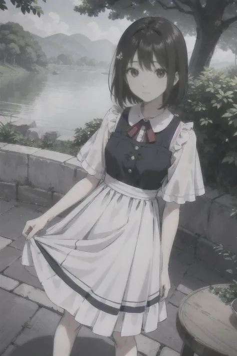 Nakahara_Misaki, 1 garota, Vestido preto, vestido de gola, tiro de vaqueiro, dia, segurando guarda-chuva, guarda-chuva branco, inclinando-se para frente, vestido longo, mangas compridas, olhando para o espectador, ao ar livre, tree, 