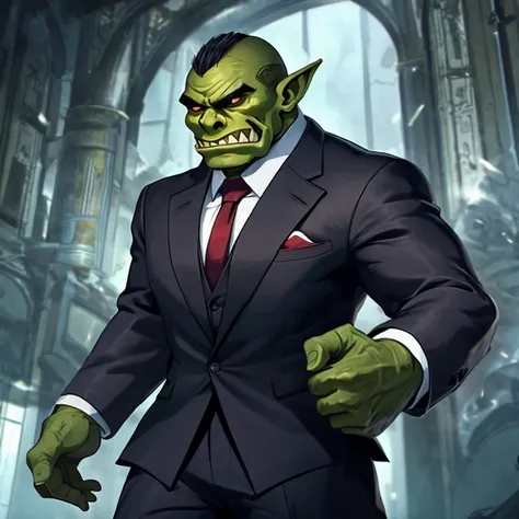 dressed male red orc, muscular, round eyes, Two small horns growing from his forehead, Wearing a delicate business suit, wearing delicate formal pants, anime style, High resolution 4K, angry look