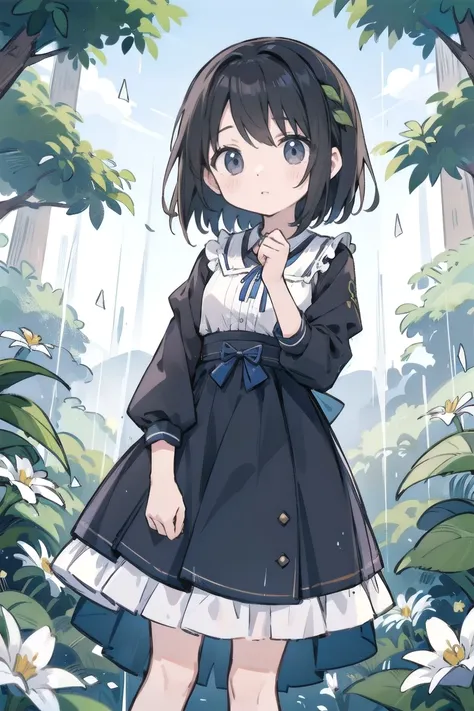 nakahara_misaki, 1 garota, vestido preto, vestido de gola, tiro de vaqueiro, dia, segurando guarda-chuva, guarda-chuva branco, i...