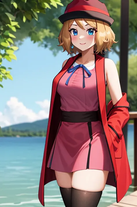 masterpiece, best quality, highres, serena (pokemon), short hair, blue eyes, 1girl, solo, blue ribbon, eyelashes, black thighs, neck ribbon, sleeveless, bangs, collarbone, bare arms, pink dress, red coat, pink hat, outdoor, standing by a lake, blushing, sm...