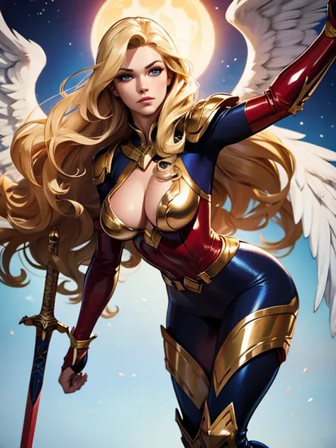 Best quality, 8K, action pose,woman vintage super hero, beautiful and detailed face, blonde curly long hair,big eyelashes,holding a gold sword,big angel wings,LOOKING TO observer,red and blue metalic armour over bodystocking, SHINY GLOSSY PANTYHOSE,black b...