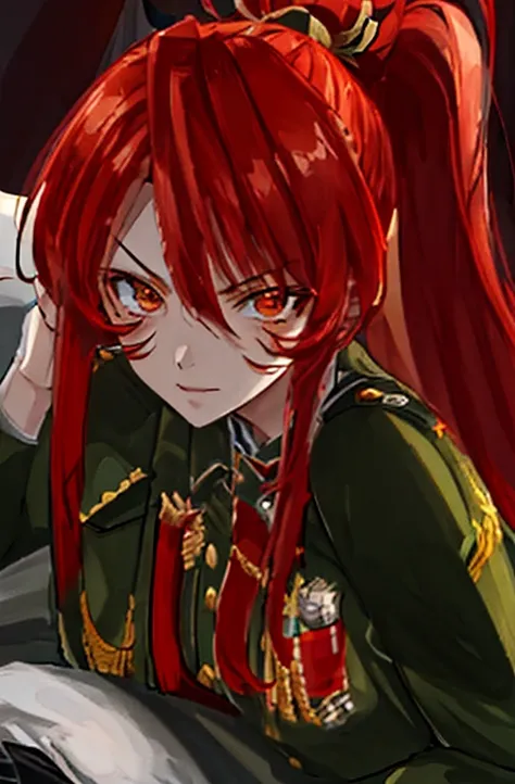 Wearing German military uniform，red hair