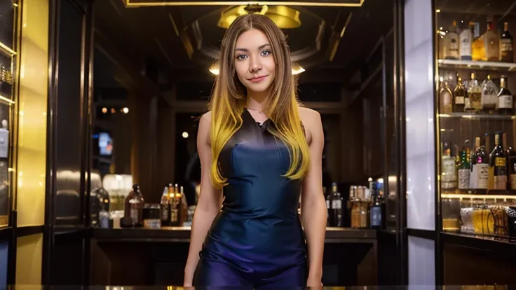 1 girl, Alone, Alone focus, full body, black formal dress, with discreet smile, ((Brown hair)), (yellow hair), (gradient hair: 1.5), ((blue eyes)), hyper-detailed eyes, tanned, (dark caramel skin: 1.1), Best quality, ultra-detailed, in a cozy bar dim light...