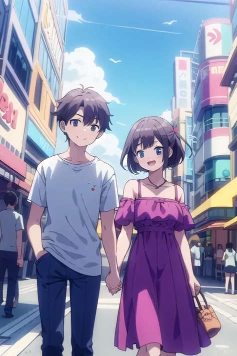 (highest quality、masterpiece、High resolution)1 girl、1 boy、20-year-old、couple、Shibuya、In town、fun、smile、hold hands