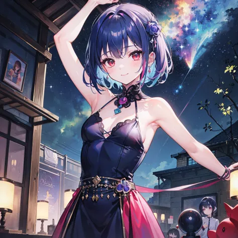 ((((8K)))),((((masterpiece)))),(((1 girl))), colorful dark blue hair strokes, shiny hair、pink and purple inner color、shortcut、red eyes, cute idol clothes、(((((arms behind body)))))、look back、 smile、lots of details, small breasts, look at the audience, beau...