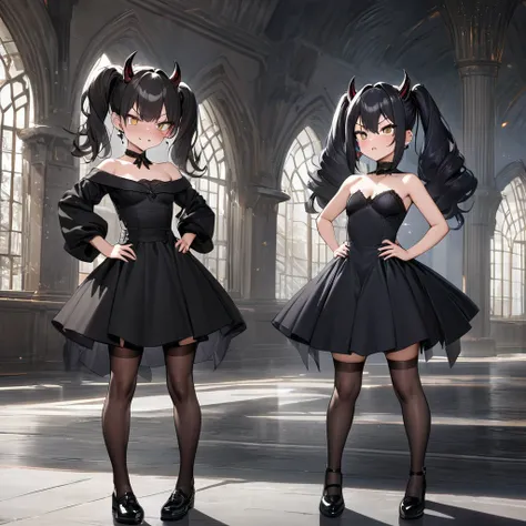 Masterpiece, Improved quality, High quality, Good anatomy, Well-formed hands, Healthy body, Intact fingers, Normal digits, Girls, 16k quality, perfect body, twintail hair, black hair, shoulder length hair, off shoulder black dress, stockings, shoes, demon ...