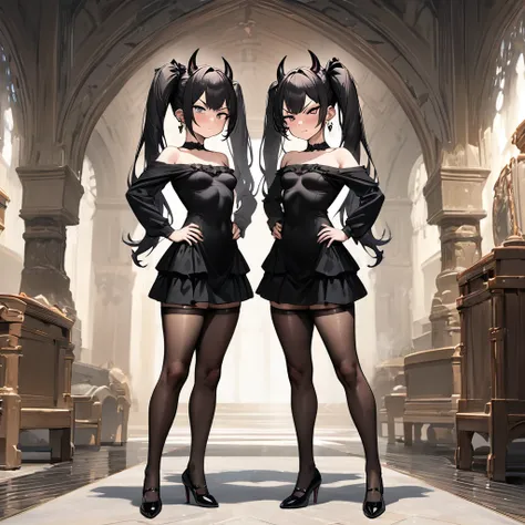 Masterpiece, Improved quality, High quality, Good anatomy, Well-formed hands, Healthy body, Intact fingers, Normal digits, Girls, 16k quality, perfect body, twintail hair, black hair, shoulder length hair, off shoulder black dress, stockings, shoes, demon ...