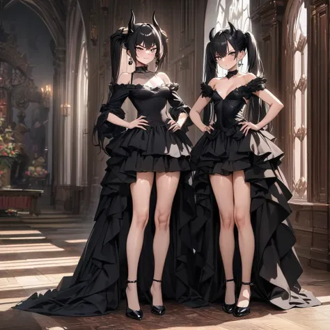 Masterpiece, Improved quality, High quality, Good anatomy, Well-formed hands, Healthy body, Intact fingers, Normal digits, Girls, 16k quality, perfect body, twintail hair, black hair, shoulder length hair, off shoulder black dress, stockings, shoes, demon ...