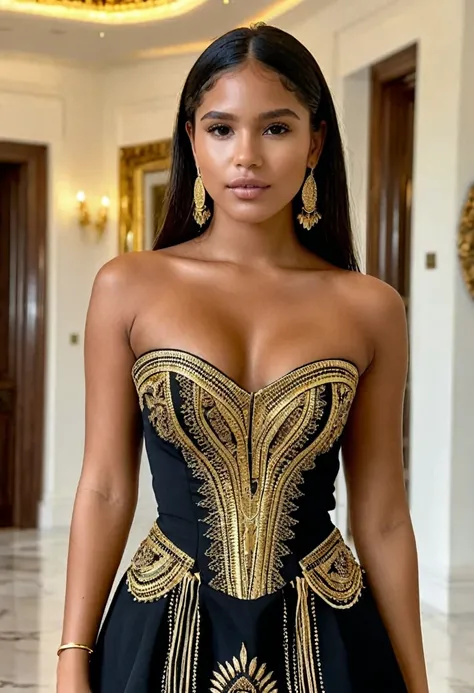 (high quality:1.5), (((8k))), extremely detailed, (High detail:1.2), Solo, (HotLexi Woman)), 24 year old Indigenous Brazilian female, ((perfect anatomy)), (in mansion), (black luxury dress strapless with gold details),