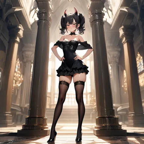 Masterpiece, Improved quality, High quality, Good anatomy, Well-formed hands, Healthy body, Intact fingers, Normal digits, Girls, 16k quality, perfect body, twintail hair, black hair, shoulder length hair, off shoulder black dress, stockings, shoes, demon ...