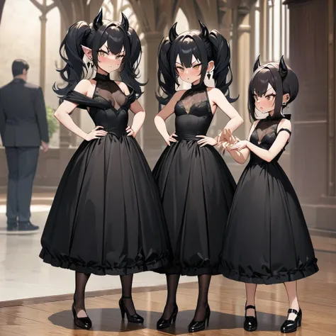 Masterpiece, Improved quality, High quality, Good anatomy, Well-formed hands, Healthy body, Intact fingers, Normal digits, Girls, 16k quality, perfect body, twintail hair, black hair, shoulder length hair, off shoulder black dress, stockings, shoes, demon ...