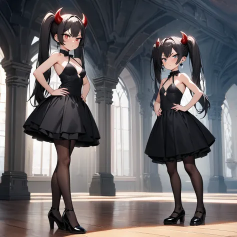 Masterpiece, Improved quality, High quality, Good anatomy, Well-formed hands, Healthy body, Intact fingers, Normal digits, Girls, 16k quality, perfect body, twintail hair, black hair, shoulder length hair, off shoulder black dress, stockings, shoes, demon ...