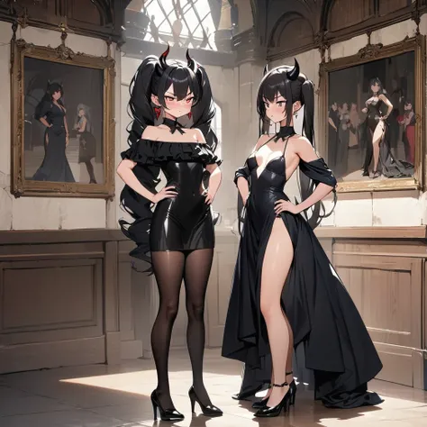 Masterpiece, Improved quality, High quality, Good anatomy, Well-formed hands, Healthy body, Intact fingers, Normal digits, Girls, 16k quality, perfect body, twintail hair, black hair, shoulder length hair, off shoulder black dress, stockings, shoes, demon ...