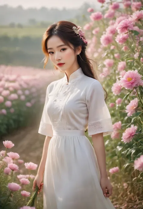 a beautiful girl in white aodai , masterpiece, best quality, realistic:1.3,in a field of flowers, holding bundle of flowers, sun...