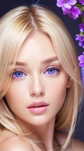 Beautiful female with nude lips looks to the viewer. Stunning blonde female. Beautiful female with a healthy clean skin. Symmetric face, symmetric eyes and deep violet eyes. Pretty female with bright makeup of eyes.