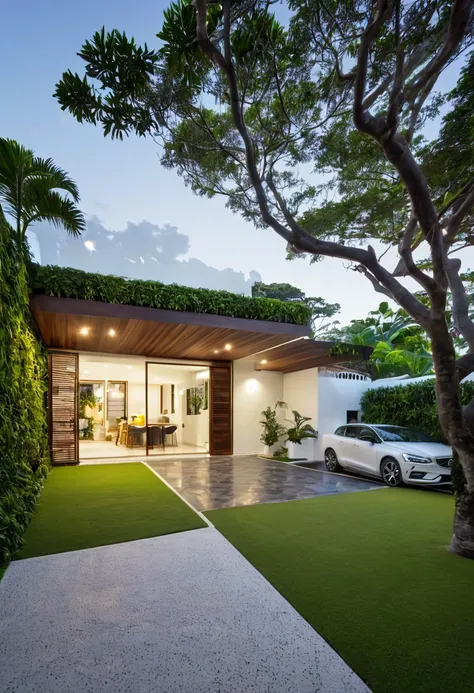 iponete residential facade, caractericistcas arquitetonica classica, imagem noturna, casa com primeiro pavimento, garagem aberta, carro volvo, jardim tropical ao redor, uso de madeira clara, pedras naturais, cores claras, clear lighting,