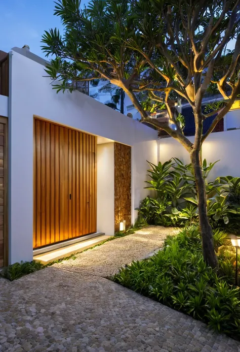 iponete residential facade, caractericistcas arquitetonica classica, imagem noturna, casa com primeiro pavimento, garagem aberta, carro volvo, jardim tropical ao redor, uso de madeira clara, pedras naturais, cores claras, clear lighting,