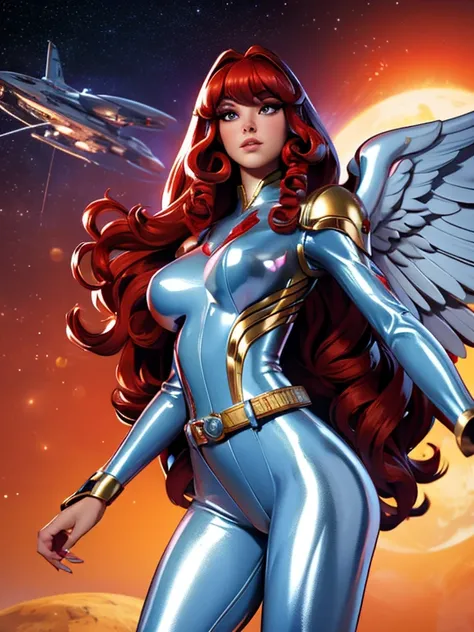 Best quality, 8K, woman space retro futurism, beautiful and detailed face, red curly long hair, bangs,big eyelashes,big angel wings,LOOKING TO observer, shiny silver armour over TAN bodystocking, black belt,sci-fi RETRO SPACESHIP scenario