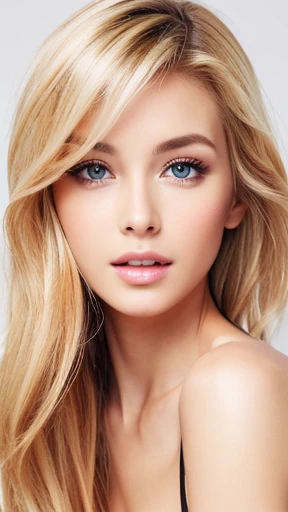 Beautiful female with nude lips looks to the viewer. Stunning blonde female. Beautiful female with a healthy clean skin. Symmetric face, symmetric eyes. Sensual female with bright makeup of eyes.