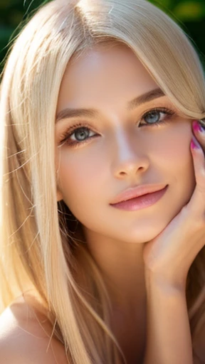 Beautiful female with nude lips looks to the viewer. Stunning blonde female. Beautiful female with a healthy clean skin. Symmetric face, symmetric eyes. Sensual female with bright makeup of eyes.