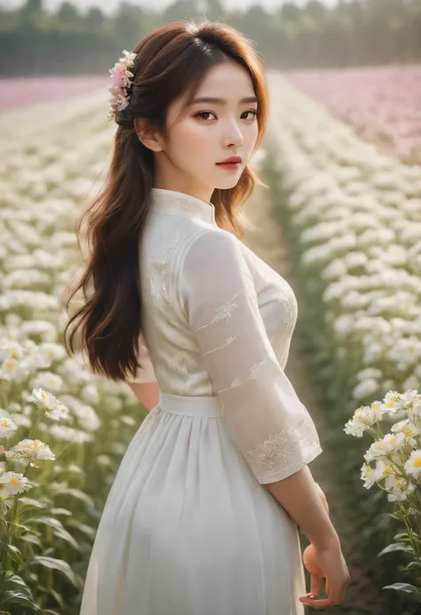 a beautiful girl in white aodai , masterpiece, best quality, realistic:1.3,in a field of flowers, holding bundle of flowers, sun...