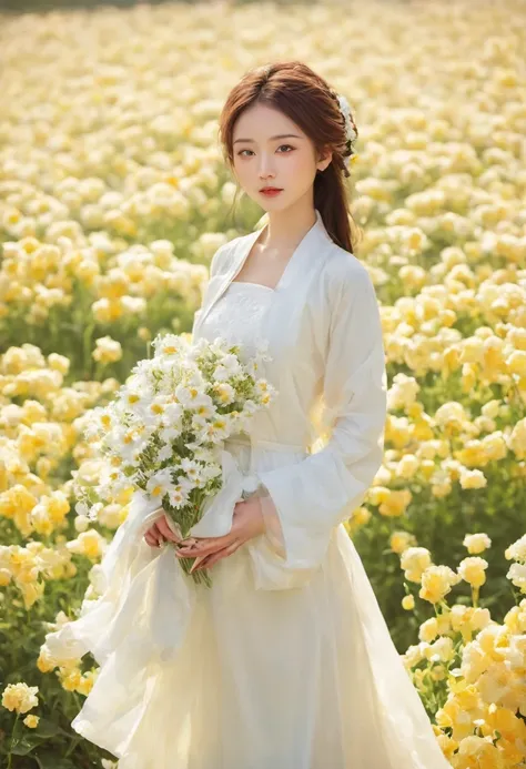 a beautiful girl in white aodai , masterpiece, best quality, realistic:1.3,in a field of flowers, holding bundle of flowers, sun...