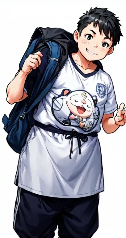 An ugly, fat, shaved-headed 5th grade boy is standing with a happy expression on his face, wearing a white gym uniform and blue gym shorts.。