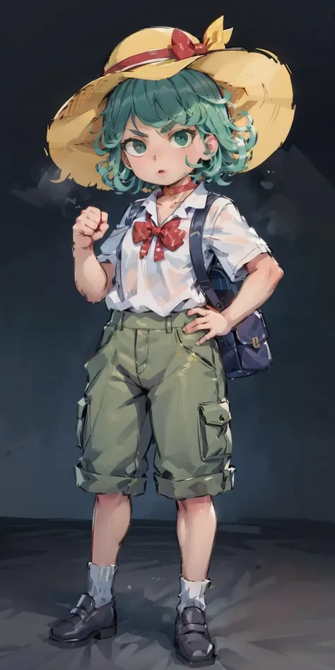 ((black background)) Tatsumaki kneel on WHITE sheet, short bob hair green hair, GREEN EYES, kindergarten_uniform,yellow hat,red school bag, leather choker collar slave , (hands on hips, clenching fist 👊 ✊️)