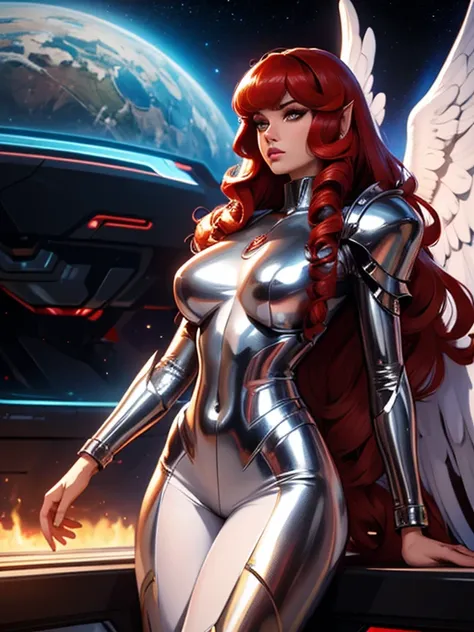 Best quality, 8K, woman space retro futurism, beautiful and detailed face, red curly long hair, bangs,big eyelashes,big angel wings,LOOKING TO observer, shiny silver armour over TAN bodystocking, black belt,sci-fi RETRO SPACESHIP scenario