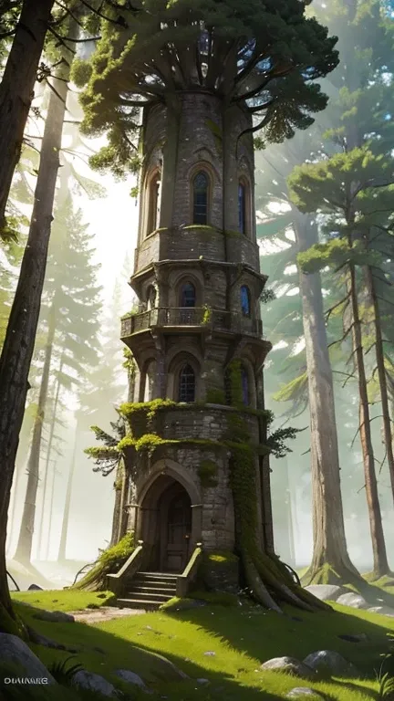 a medieval tower made of mossy stones stands on the edge of the forest, surrounded by centuries-old spreading oaks and spruce tr...