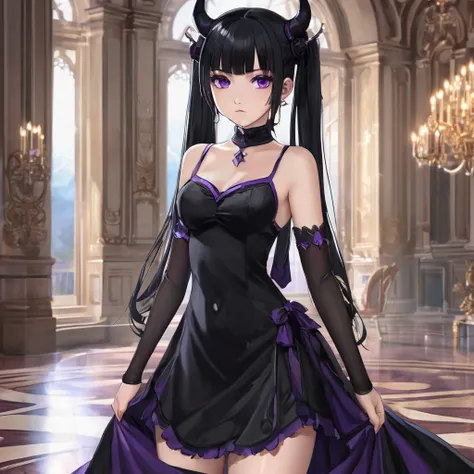 Masterpiece, Improved quality, High quality, Good anatomy, Well-formed hands, Healthy body, Intact fingers, Normal digits, Girls, 16k quality, perfect body, twintail hair, black hair, shoulder length hair, off shoulder black dress, stockings, shoes, demon ...