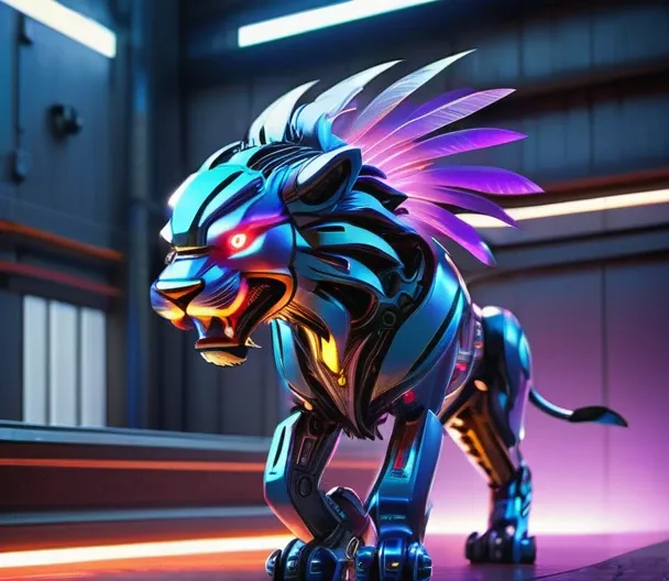 (Best quality, 8K, A high resolution, tmasterpiece:1.2), （Ultra-detailed), (Cybertron futuristic mechanical bald lion), full bodyesbian, dreamy glow，luminous neon lights，High-tech mechanical parts,Metal claws and wings,Metal heads and pecks,Metal feathers,...