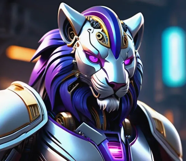 (Best quality, 8K, A high resolution, tmasterpiece:1.2), （Ultra-detailed), (Cybertron futuristic mechanical bald lion), full bodyesbian, dreamy glow，luminous neon lights，High-tech mechanical parts,Metal claws and wings,Metal heads and pecks,Metal feathers,...