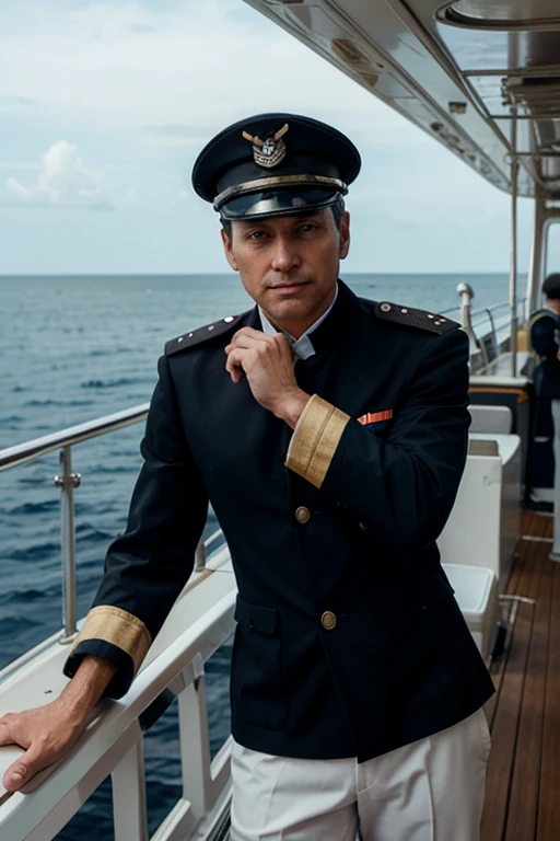 a man in a captains uniform. On the deck of the ship with binoculars