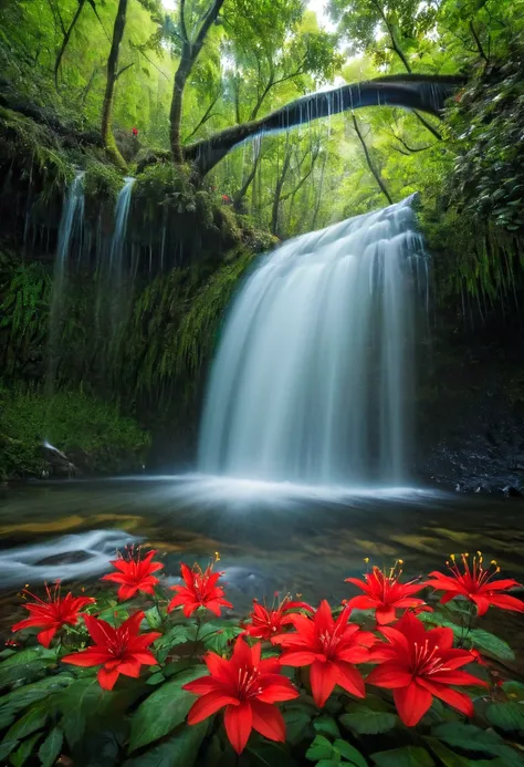 long exposure, red flowers in the foreground, 4k quality 4:3 waterfall in the forest, canon camera quality, 8k, arw, national ge...