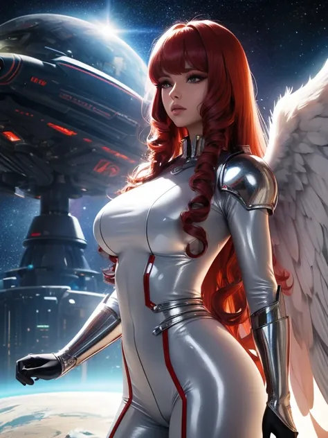 Best quality, 8K, woman space retro futurism, beautiful and detailed face, red curly long hair, bangs,big eyelashes,big angel wings,LOOKING TO observer, shiny silver armour over TAN bodystocking, black belt,sci-fi RETRO SPACESHIP scenario