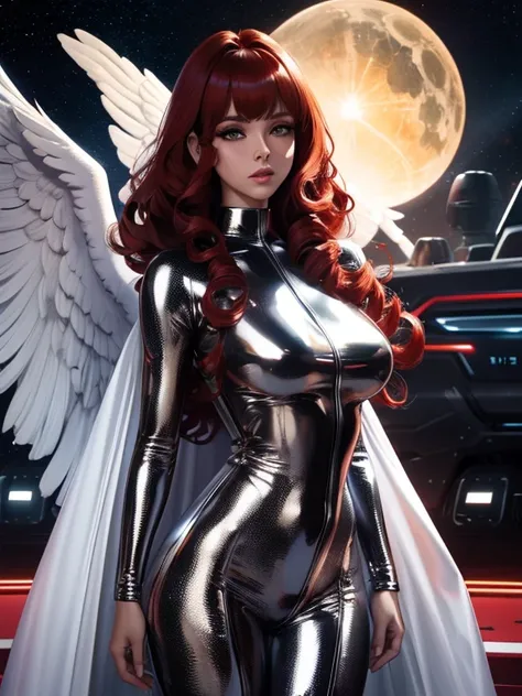 Best quality, 8K, woman space retro futurism, beautiful and detailed face, red curly long hair, bangs,big eyelashes,big angel wings,LOOKING TO observer, shiny silver armour over TAN bodystocking, black belt,sci-fi RETRO SPACESHIP scenario