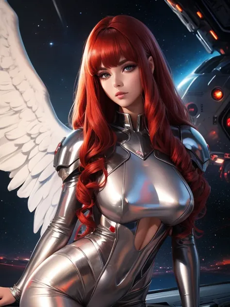 Best quality, 8K, woman space retro futurism, beautiful and detailed face, red curly long hair, bangs,big eyelashes,big angel wings,LOOKING TO observer, shiny silver armour over TAN bodystocking, black belt,sci-fi RETRO SPACESHIP scenario