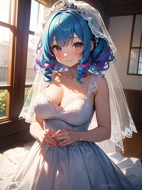 ultra-detailed、(8k, RAW photo, best quality, masterpiece:1.2), (extremely detailed 8k wallpaper),professional lighting,sharp focus, depth of field、nsfw、upper body  shot,((Beautiful Bride)),((fluffy short bob、rainbow colored curl hair、curly hair))、complete ...