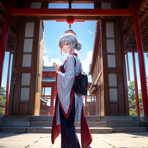 An elderly woman in casual clothes is standing in the shrine square, looking at me and smiling.。