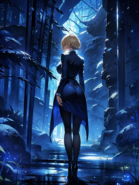 blonde woman，long coat，rear view，silhouette，blue forest，blue moon，blue night，