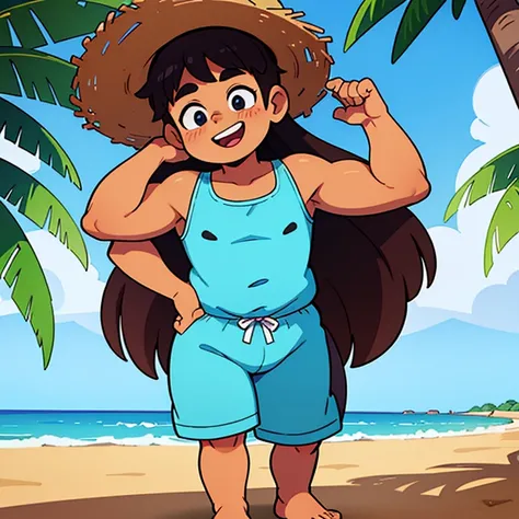 Homem muito gordo com seu namorado muito grande, homossexual, barbudo, bronzeado, Ambos sorrindo, barriga enorme, big legs and arms. At the beach sbronzeadoding under a canopy, camisas estilo havaiano, straw hat, copos ele veste uma roupa de panda.