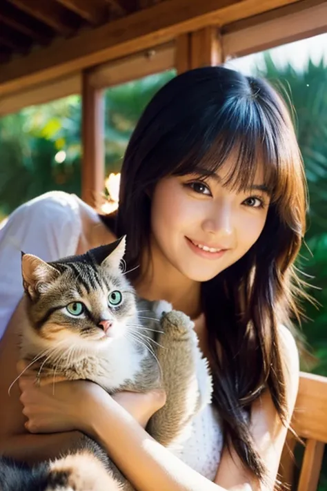 A beautiful woman holding a cat