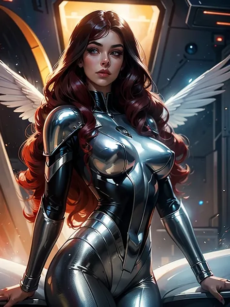 Best quality, 8K, woman space retro futurism, beautiful and detailed face, red curly long hair, bangs,big eyelashes,big angel wings,LOOKING TO observer, shiny silver armour over TAN bodystocking, black belt,sci-fi RETRO SPACESHIP scenario