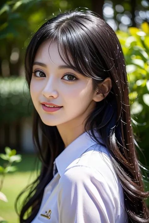 (beautiful detailed eyes, beautiful detailed lips, extremely detailed eyes and face, long eyelashes, cheerful smile),student uniform, (curly black hair), (smooth skin), (confident pose), (colorful background), (playful atmosphere), Indonesian woman, (stunn...