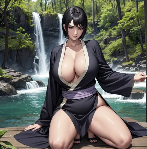 black hair, girĺ 25 y o, short hair, black  tight kimono, navel, 8k , realistic, medium chest, hourglass figure, looking at the ...