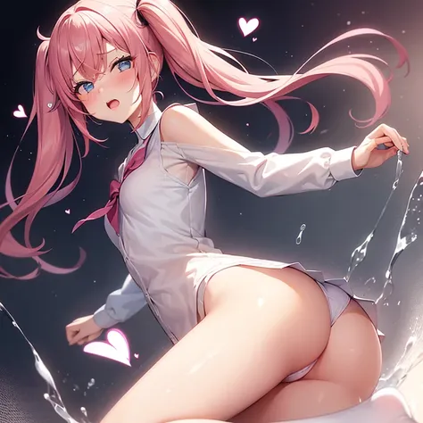 1 girl,half closed eyes,blush,heart-shaped eyes,pink hair,blue eyes,two side up,shoulder,good,feet,(5 feetの指 1.5),five fingers,from below,feet focus,evil children,school sailor uniform,Nsfw,squarting,splassing,Tight、bimbo、Pussy