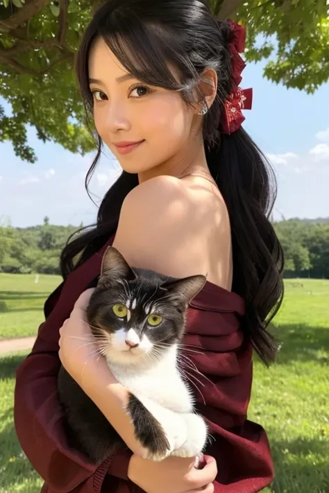 A beautiful woman holding a cat