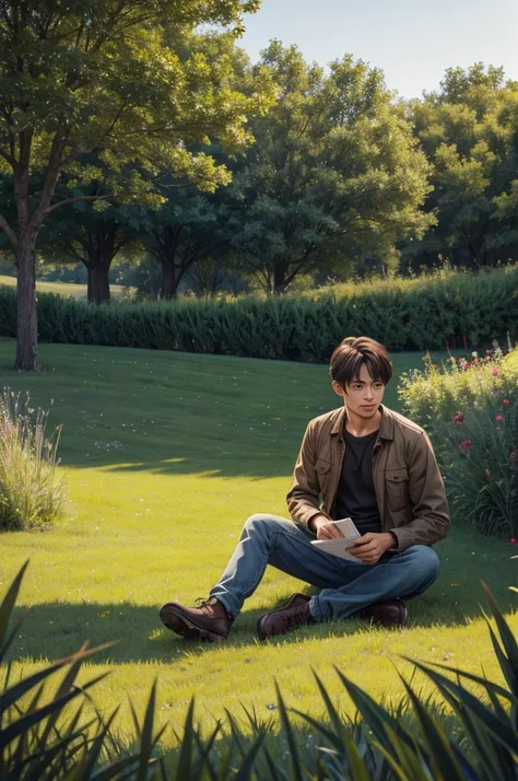 illustration for a book about a man,who sits on the grass,in a meadow 