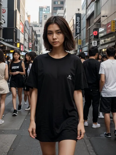 A stylish streetwear-inspired photo of a 21-year-old Asian female model standing on a bustling Tokyo street. back view tshirt. She is approximately 6 feet tall, has short brown hair, and a slight sweat smile. She is wearing a simple, clean, and completely ...